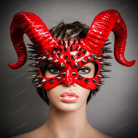 Demon Steampunk Spikes Devil with Back Twisted Horns Masquerade Eye Mask RED - Picture 3 of 7